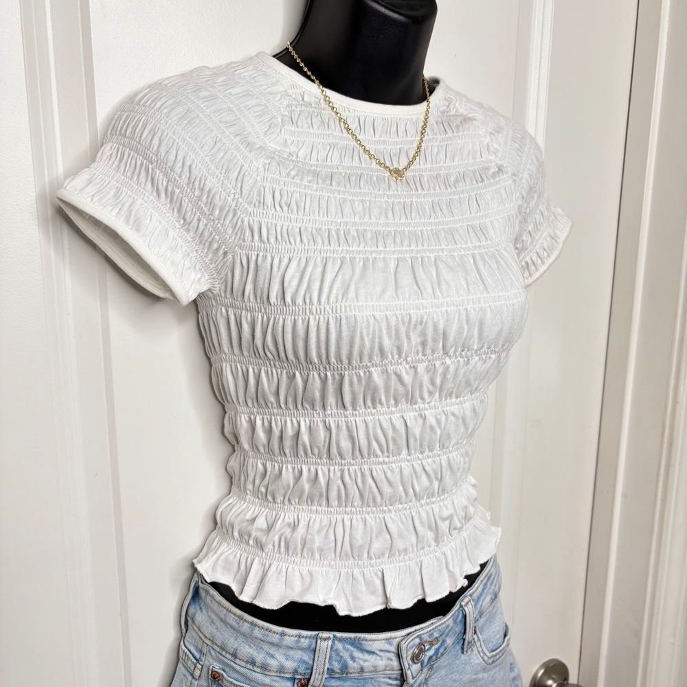 Jason Wu White Smocked Short Sleeve Top Supima Cotton Lyocell Ruffle Small NWT